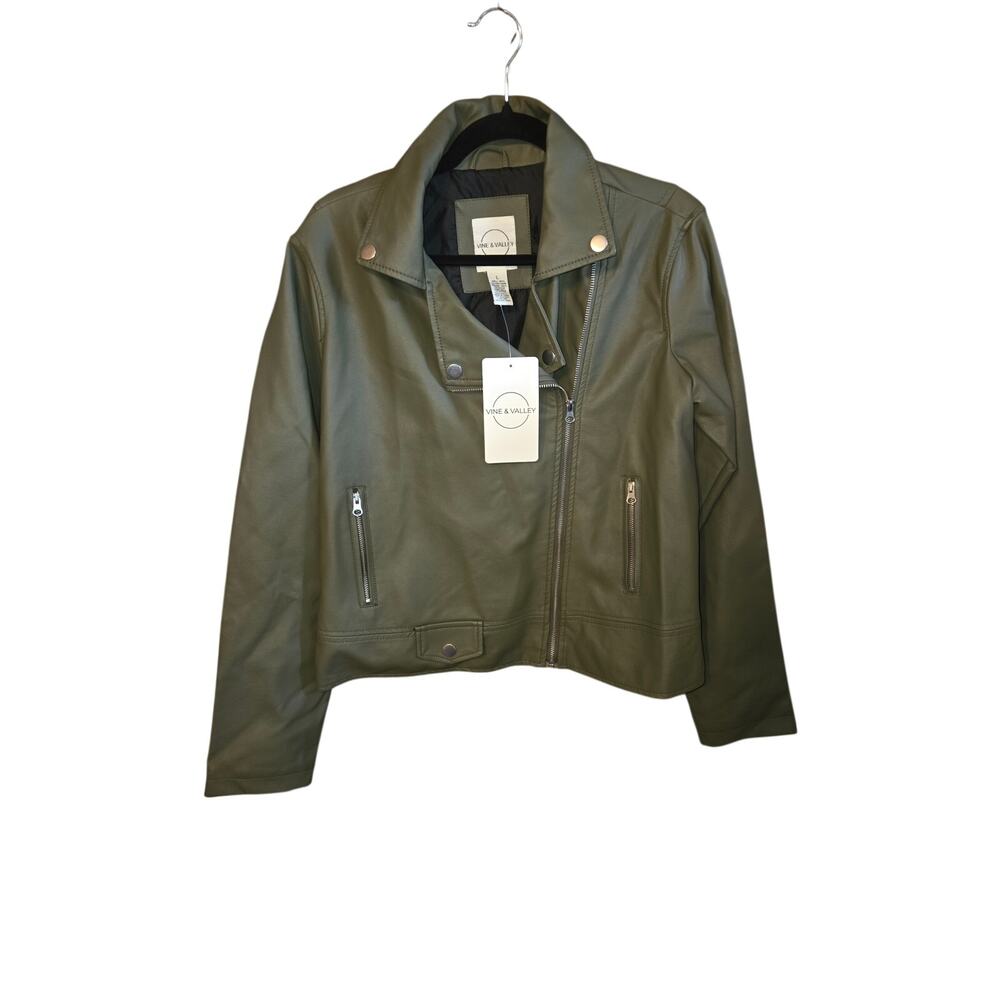 Vine and Valley Women's Faux Leather Moto Jacket - Winter Moss Green - NWT